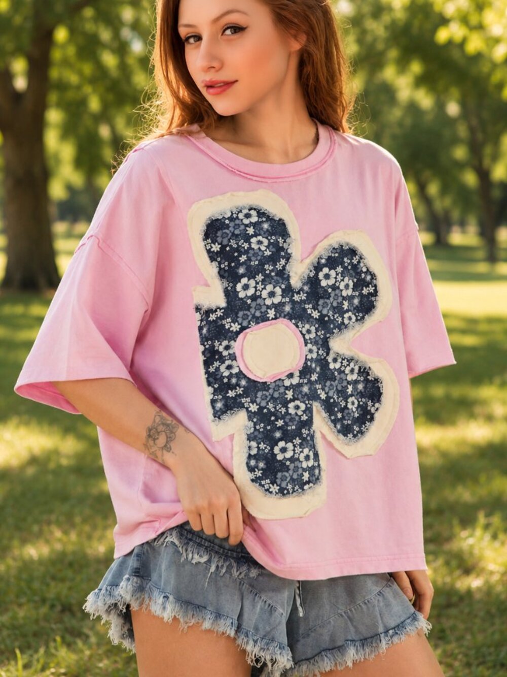 Sage + Fig Bohemian Oversized Jersey Knit Cotton Sweatshirt Denim Flower Patch